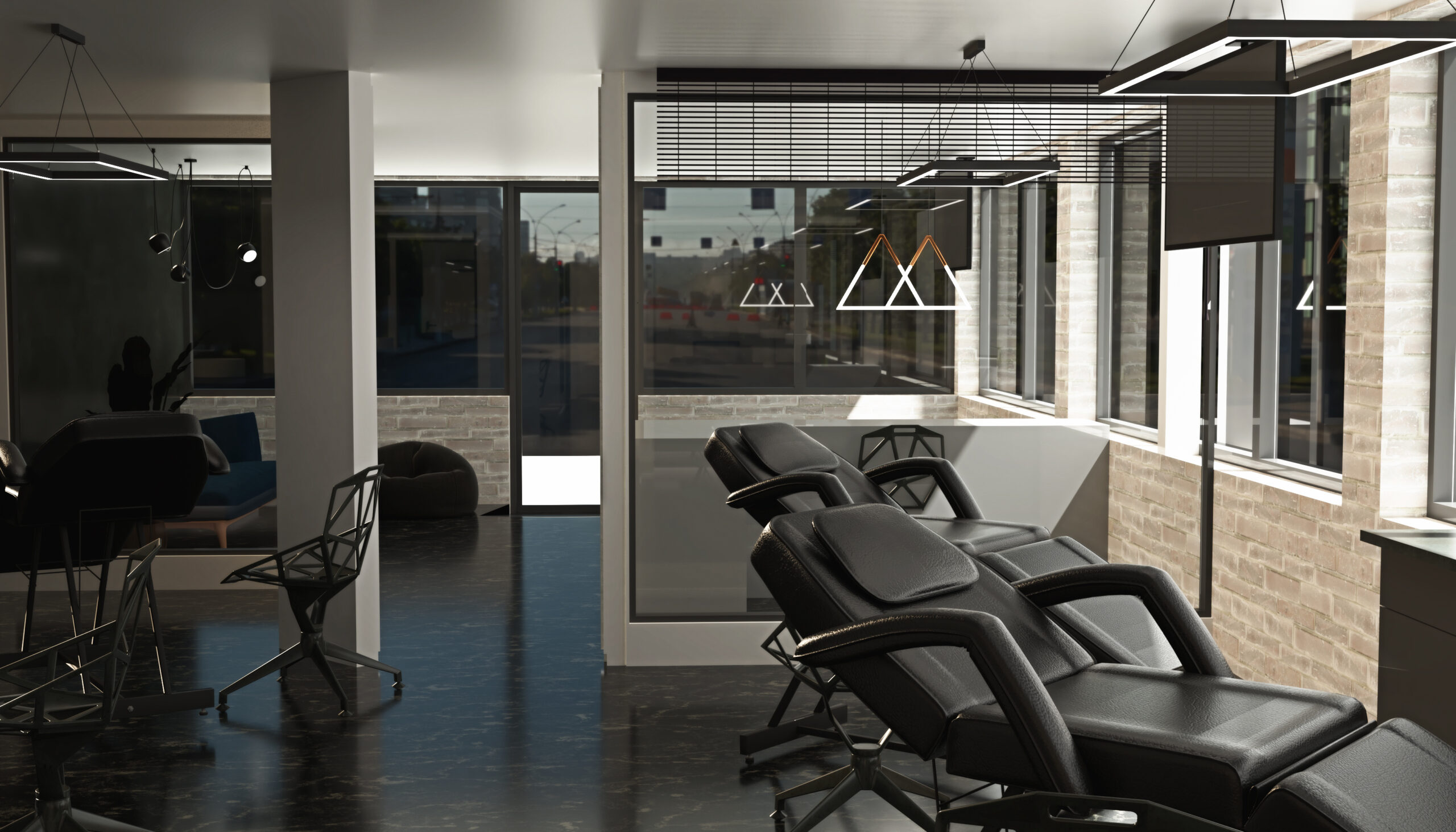 Modern Interior 3D render of Tattoo Shop with epoxy floor